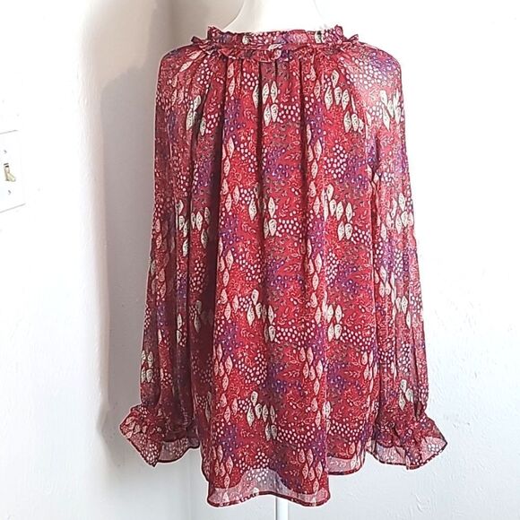 LOFT Red Sheer Blouse, Blue & White Print, Ruffled Collar & Cuffs, Size XL - Picture 11 of 13